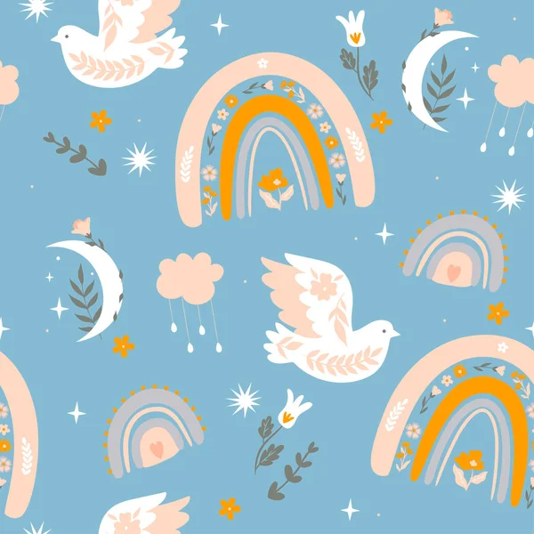 Seamless Pattern Boho Style Birds Rainbows Vector Image — Stock Vector