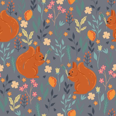 Şirin sincapları ve çiçekleri olan kusursuz bir desen. Vektör resmi.