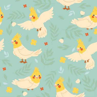 Seamless pattern with parrot and leaves. Vector image.