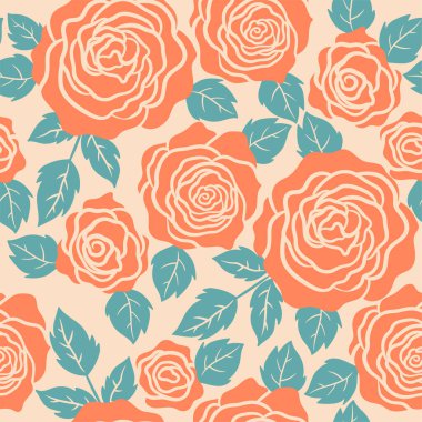 Seamless pattern with rose flowers and leaves. Vector image.