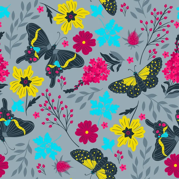 Kelebekler ve çiçeklerle kusursuz desen. Vektör resmi.