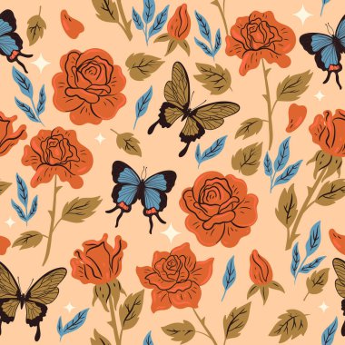 Seamless pattern with butterflies and roses. Vector image.