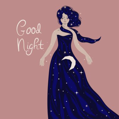 Postcard with a cute girl with stars in her hair. Vector image.