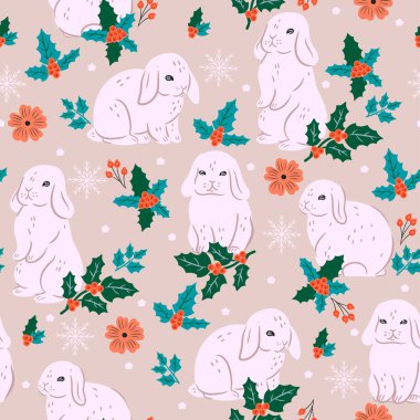 Winter seamless pattern with rabbits, snowflakes and holly. Vector image.