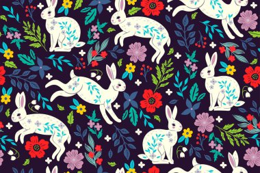 Seamless pattern with white rabbits and flowers. Vector image.