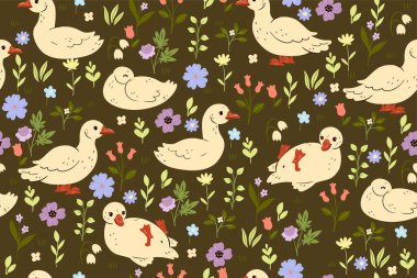 Seamless pattern with cute ducks and flowers. Vector image.