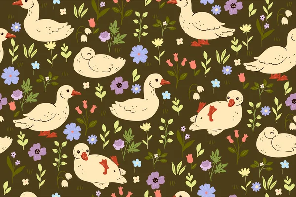 Seamless pattern with cute ducks and flowers. Vector image.
