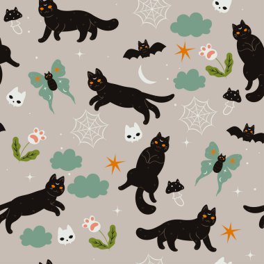 Seamless pattern with witch magic cats. Vector image.