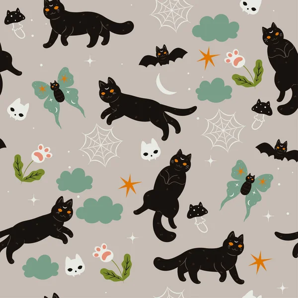Seamless pattern with witch magic cats. Vector image.