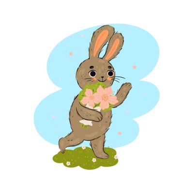 Cute rabbit with a bouquet of flowers isolated on a white background. Vector image.