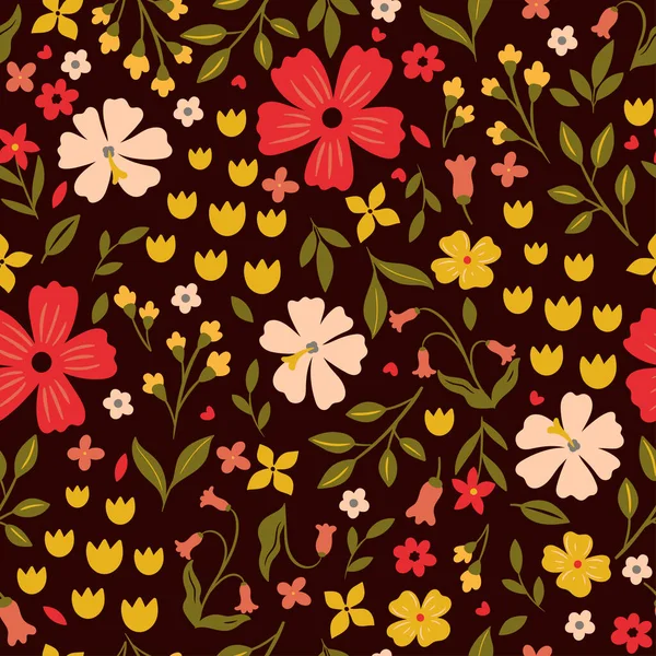 Simple seamless pattern with flowers on a dark background. Vector image.