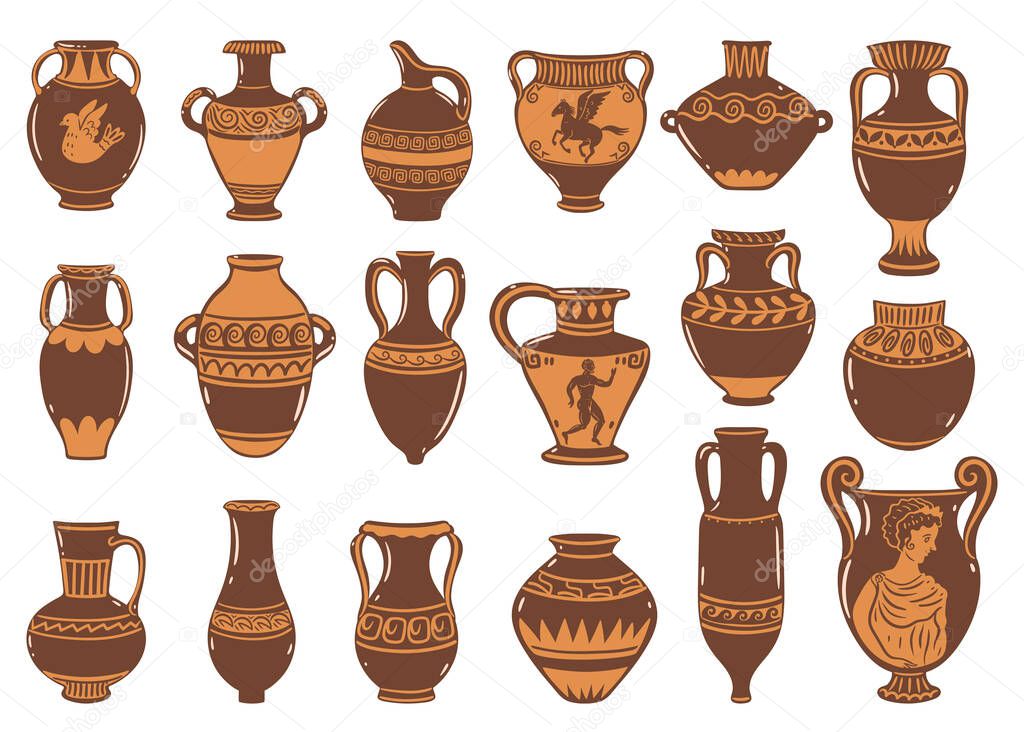 Collection of amphorae isolated on white background. Vector image.