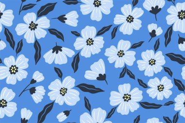 Seamless pattern with white flowers on a blue background. Vector image.