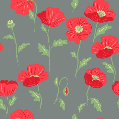 Seamless pattern with red poppies. Vector image.