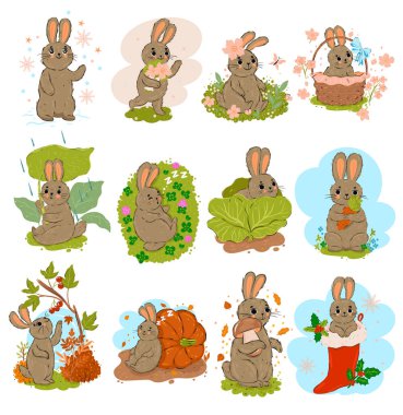 Set of cute rabbits isolated on white background. Vector image.