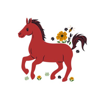 Cute horse and flowers isolated on white background. Vector image.