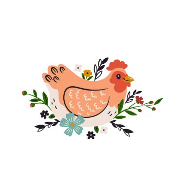 Cute chicken and flowers isolated on white background. Vector image.