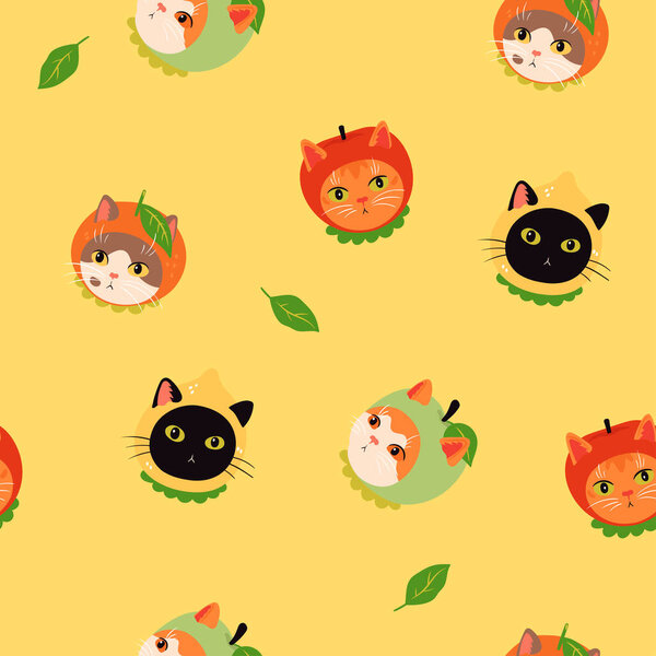 Seamless pattern with cats in fruit caps. Vector image.