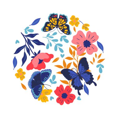 Kelebeklerin beyaz arka planda izole edildiği yuvarlak bir kompozisyon. Vektör resmi.