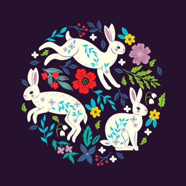Yuvarlak kompozisyonda tavşanlar ve çiçekler. Vektör resmi.