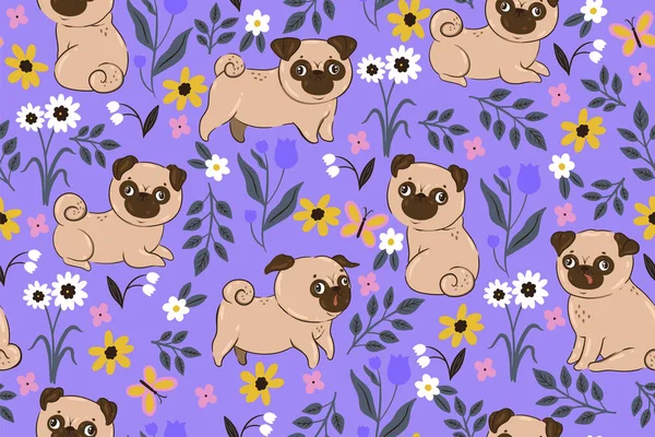 Seamless pattern with pugs and flowers. Vector image