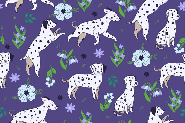 Seamless pattern with cute Dalmatian dogs. Vector image.
