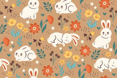 Sevimli tavşanlar ve çiçeklerle kusursuz desen. Vektör görüntüsü.