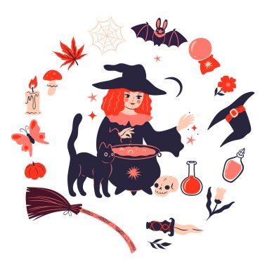 Beyaz arka planda izole cadı sihirli eşyalar seti. Vektör resmi.