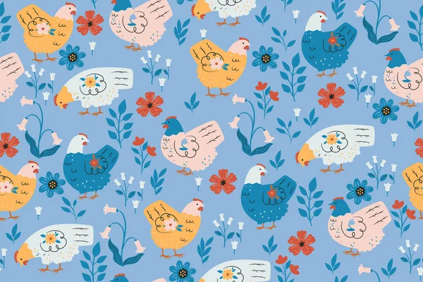 Seamless pattern with cute chickens and flowers. Vector image