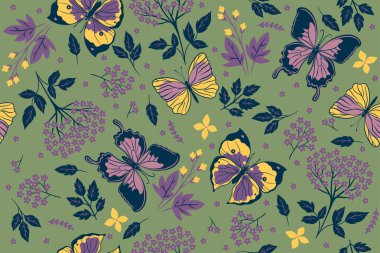 Kelebekler ve çiçeklerle kusursuz desen. Vektör resmi.