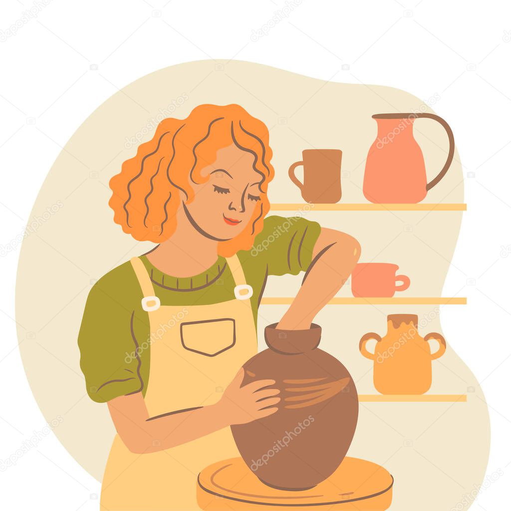 A woman ceramist works on a potter's wheel. Vector image.