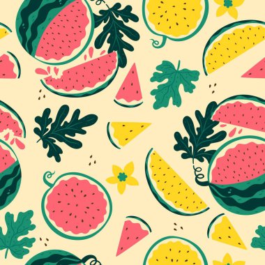 Seamless pattern with red and yellow watermelons. Vector image.