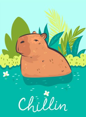 Postcard with a cute capybara and an inscription. Vector image.