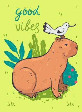 Postcard with a cute capybara and an inscription. Vector image.