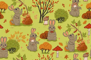 Seamless pattern with rabbits in the autumn forest. Vector image.