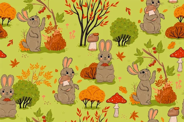 Seamless pattern with rabbits in the autumn forest. Vector image.