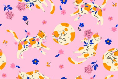 Seamless pattern with spotted cats and flowers. Vector image.