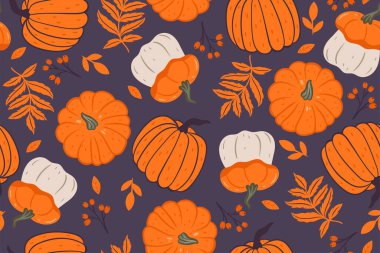 Seamless pattern with pumpkins, berries and autumn leaves. Vector image.