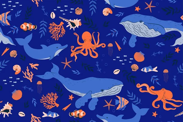 Seamless pattern with underwater marine animals. Vector image.