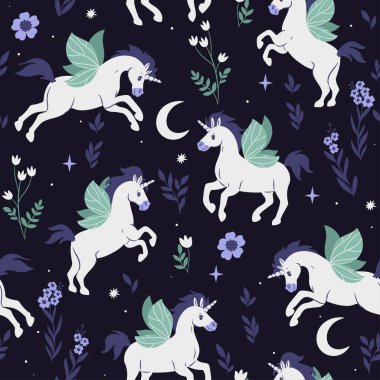 Seamless pattern with winged unicorns, stars and flowers. Vector image.