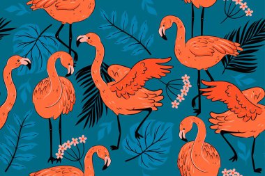 Seamless pattern with flamingos and tropical leaves. Vector image.
