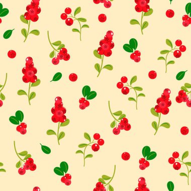 Seamless pattern with cowberry berries and leaves. Vector image.