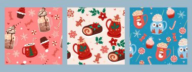 Set of seamless patterns with winter drinks and sweets. Vector image.