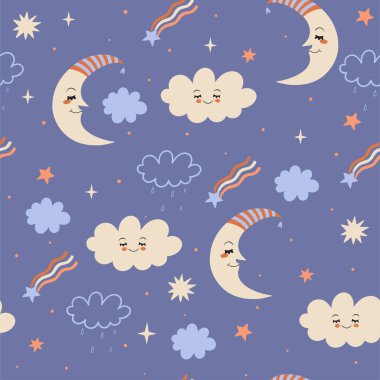 Seamless pattern with moon, clouds and stars. Vector image.