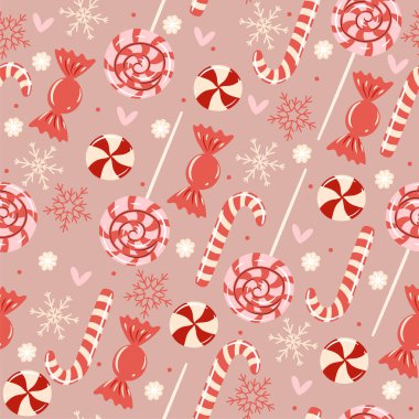 Seamless pattern with Christmas candies and snowflakes. Vector image.