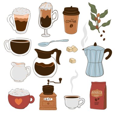 Set of coffee items isolated on white background. Vector image.