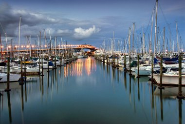 Auckland harbor Bridge from Westhaven Marina. Auckland, New Zealand