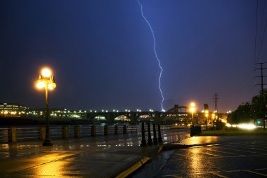 Lightning strike over the Mississippi river and bridges, downtown. Saint Paul, Minnesota clipart