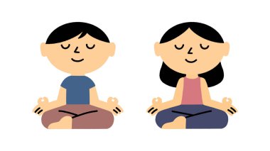 Asyalı çocuklar lotus pozisyonunda meditasyon yapıyorlar, bir meditasyon konsepti. Sevimli karakterler. El çizimi, vektör illüstrasyonu.