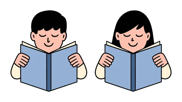 Mężczyzna Kobieta Czytający Ikonę Logo Książki Ręcznie Rysowane Słodkie Postacie — Wektor stockowy